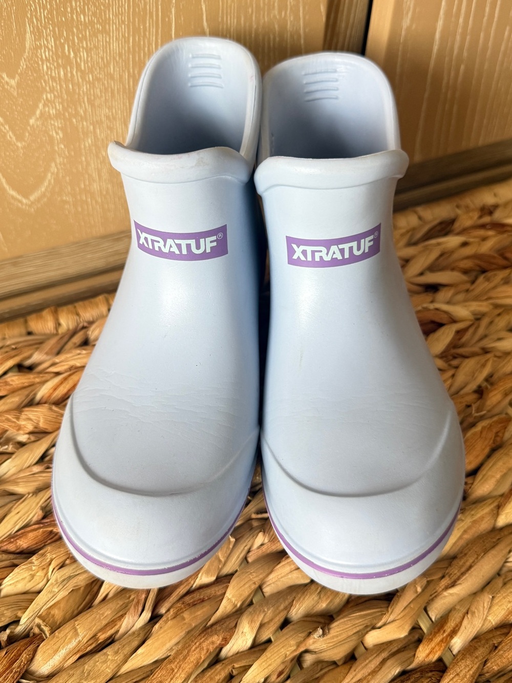 Women’s Light Blue Slip-On Clog with Purple Logo